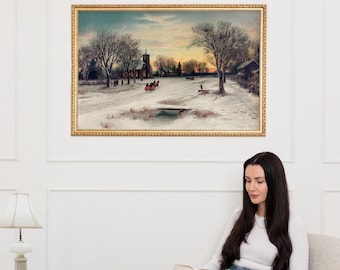 Vintage Sleigh Ride Scene Print ∙ Antique Style Winter Landscape Wall Art ∙ Framed Giclée ∙ 2400