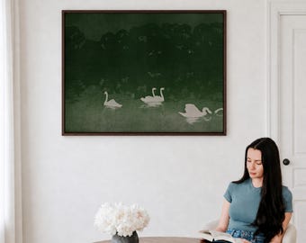 Abstract Swans Large Canvas Emerald Green ∙ Large Living Room Decor ∙ 2390