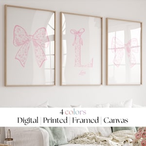 Light Pink Bow Custom Initial Name Art, Pink Girly Posters, Pink Nursery Set of 3, Wall Art, Digital Download, Printable, Framed