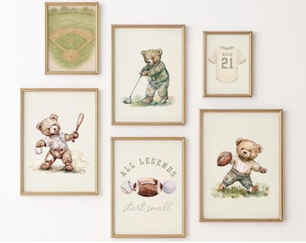 Juego de 6 láminas decorativas vintage de ositos de peluche con motivos deportivos para pared, regalo para baby shower de niño, ilustraciones en acuarela, decoración temática deportiva para la habitación infantil, color verde.