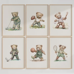 Nursery Wall Art Set of 6 Vintage Teddy Bears Playing Sports ∙ 1232