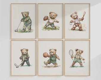 Nursery Wall Art Set of 6 Vintage Teddy Bears Playing Sports ∙ 1232