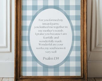 Psalm 139 Vintage Nursery Print, Baby Boy Scripture Wall Art, christian nursery wallart, Christianity nursery decor,gingham,Digital Download