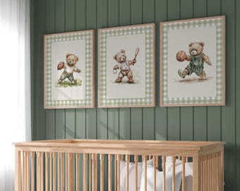 Sports Teddy Set of 3 Nursery Art ∙ Gingham Plaid Art ∙ 1856