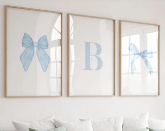 Blue Bow Wall Art Prints Set of 3 Custom Initial Name Preppy Decor ∙ 1982