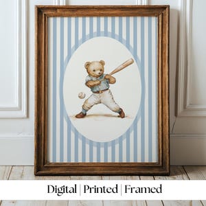 Baseball Teddy Bear Nursery Art: Vintage Boy Room Decor (Digital, Printed & Framed Options)