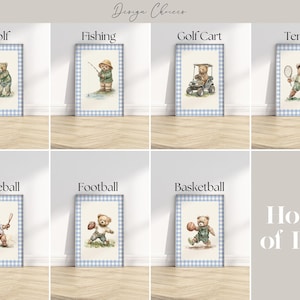 The image is a collage of eight framed illustrations depicting various sports and activities, including golf, fishing, golf cart, tennis, baseball, football, and basketball.