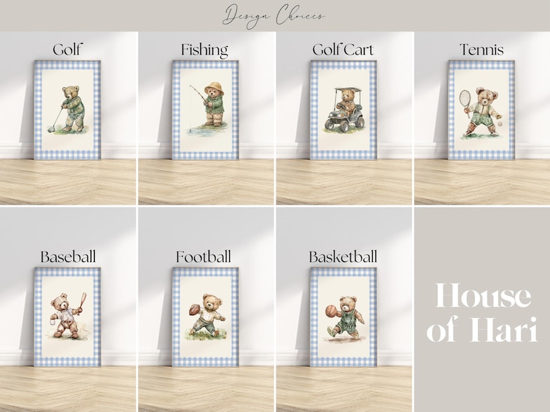 The image is a collage of eight framed illustrations depicting various sports and activities, including golf, fishing, golf cart, tennis, baseball, football, and basketball.