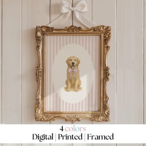 Golden Retriever Nursery Print, golden retriever wall art nursery, vintage girl nursery, coquette bow, vintage dog print nursery