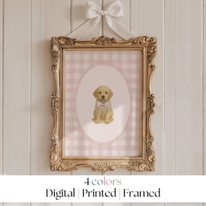 Golden retriever puppy nursery art, golden retriever wall art nursery, vintage nursery, vintage dog print nursery, coquette bow nursery
