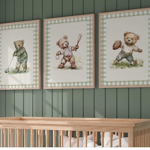 Vintage Sport Boy Nursery Gingham Plaid Art ∙ Set of 3 Teddy Bear Prints ∙ 1850