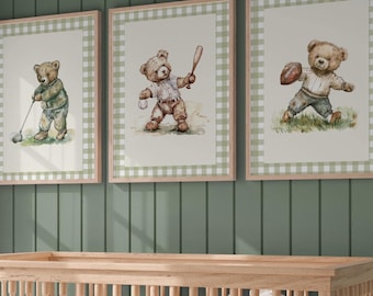Vintage Sport Boy Nursery Gingham Plaid Art ∙ Set of 3 Teddy Bear Prints ∙ 1850
