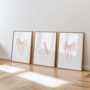 Light Pink Bow Custom Initial Name Art, Pink Girly Posters, Pink Nursery Set of 3, Wall Art, Digital Download, Printable, Framed