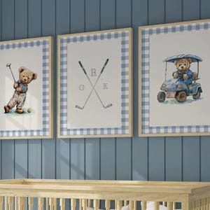 Boy Sports Nursery Golf Art Set of 3 Prints Teddy Bears in Blue Plaid Gingham ∙ 1231