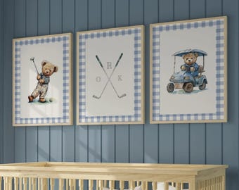 Boy Sports Nursery Golf Art Set of 3 Prints Teddy Bears in Blue Plaid Gingham ∙ 1231