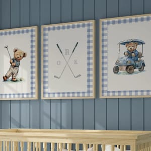 Boy Sports Nursery Golf Art Set of 3 Prints Teddy Bears in Blue Plaid Gingham ∙ 1231