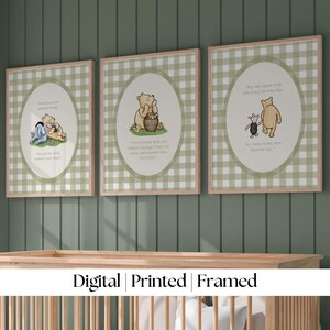 Classic Winnie the Pooh Nursery Quotes Art: Gingham Sage Green (Digital, Printed & Framed Options)