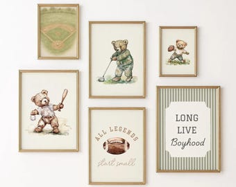Sport Teddy Nursery Gallery Wall Set of 6 Golf, baseball, football ∙ Print or Framed
