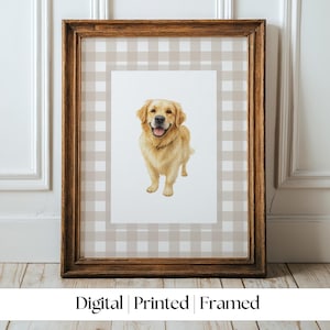 Custom Watercolor Golden Retriever Print: Vintage Gingham Dog Art Gift (Digital, Printed, or Framed)