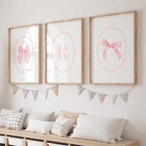 Light Pink Bow Custom Initial Name Art, Pink Girly Posters, Pink Nursery Set of 3, Wall Art, Digital Download, Printable, Framed
