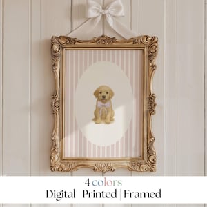 Golden retriever puppy nursery art, golden retriever wall art nursery, vintage nursery, vintage dog print nursery, coquette bow nursery