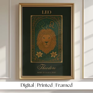 Personalized Leo Zodiac Print: Emerald Green Star Sign Art Gift (Digital, Printed & Framed Options)
