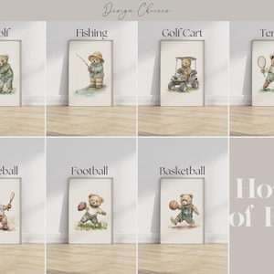 Vintage Sport Boy Nursery Art ∙ Set of 3 Teddy Bear Prints ∙ 1232 image 2