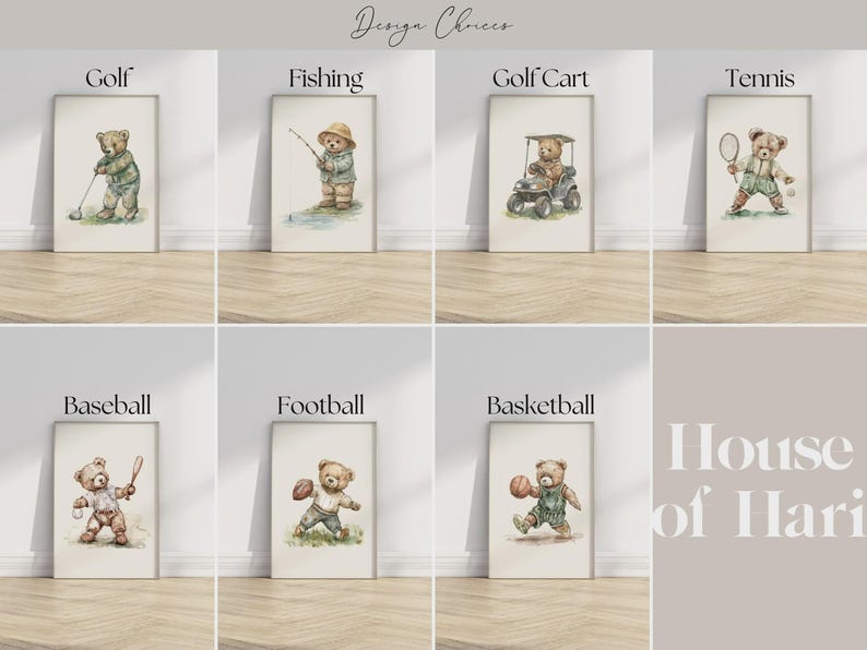 Vintage Sport Boy Nursery Art ∙ Set of 3 Teddy Bear Prints ∙ 1232 image 2