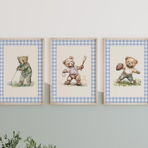 Sport nursery set, Boy nursery wall art sport, Vintage boy nursery, Teddy Bear Golf Print Nursery, Gingham,Blue,baseball nursery decoration