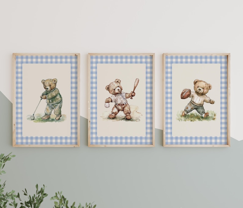 Sport nursery set, Boy nursery wall art sport, Vintage boy nursery, Teddy Bear Golf Print Nursery, Gingham,Blue,baseball nursery decoration