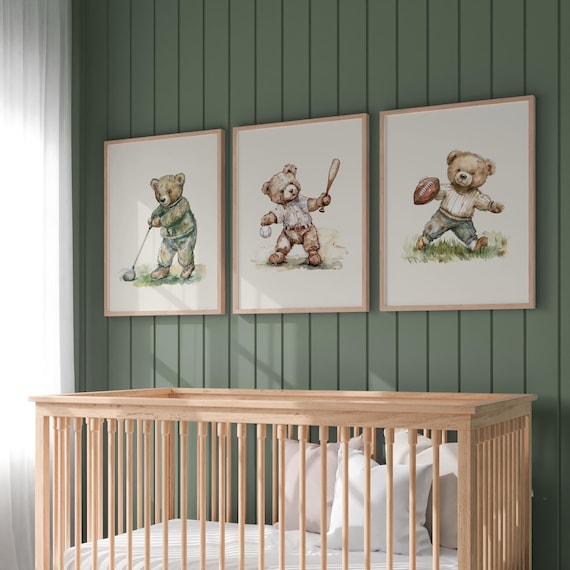 Vintage Sport Boy Nursery Art ∙ Set of 3 Teddy Bear Prints ∙ 1232