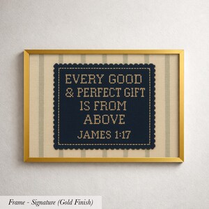 The image is a framed cross-stitch design with a Bible verse from James 1:17.