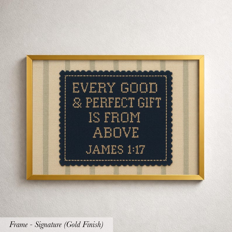 The image is a framed cross-stitch design with a Bible verse from James 1:17.