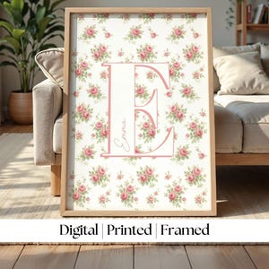 Pink Floral Initial Print: Custom Nursery Letter Art (Digital, Printed & Framed Options)