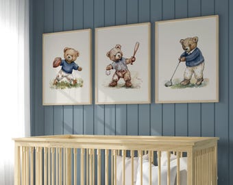 Vintage Sport Boy Nursery Art ∙ Set of 3 Teddy Bear Prints ∙ 1898