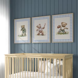 Boy's Nursery Wall Art Set of 3 ∙ Vintage Sports Teddy Bears in Blue Gingham ∙ 1889