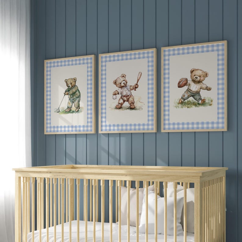 Sport nursery set, Boy nursery wall art sport, Vintage boy nursery, Teddy Bear Golf Print Nursery, Gingham,Blue,baseball nursery decoration
