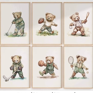 Juego de 6 osos de peluche vintage jugando deportes para pared de guardería ∙ 1232