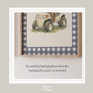 a framed watercolor painting of a beige four-wheeler vehicle with a checkered border.