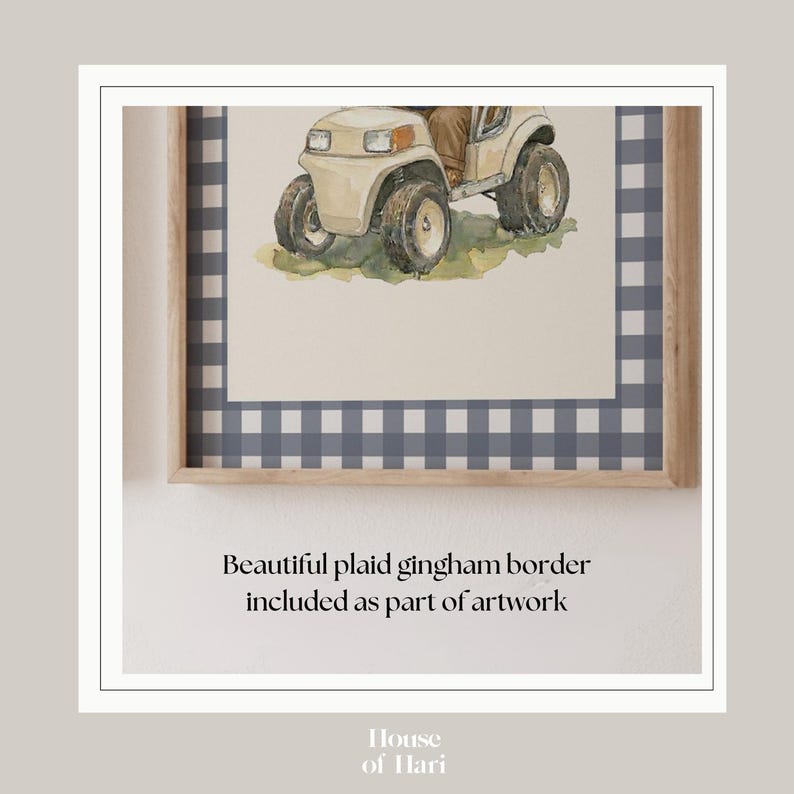 a framed watercolor painting of a beige four-wheeler vehicle with a checkered border.