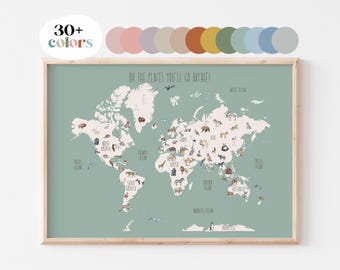 Animal World Map, Watercolor Playroom Map,Watercolour Illustrated Kids Map,Nursery Decor Playroom Decor, Digital, Printable, Framed