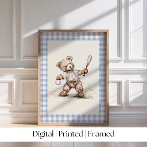Sports Nursery Baseball Teddy Bear Art: Blue Vintage Gingham (Digital, Printed or Framed)