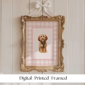 Custom Watercolor Dog Nursery Art, Baby Girl Nursery, Pink Gingham Puppy Nursery Decor, Coquette nursery, vintage girl nursery