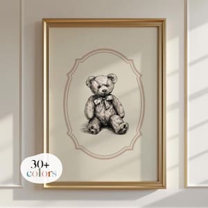 Lámina de osito de peluche para guardería, decoración vintage para guardería, arte mural vintage para guardería, lámina vintage para guardería, boceto de osito de peluche, decoración antigua para guardería.