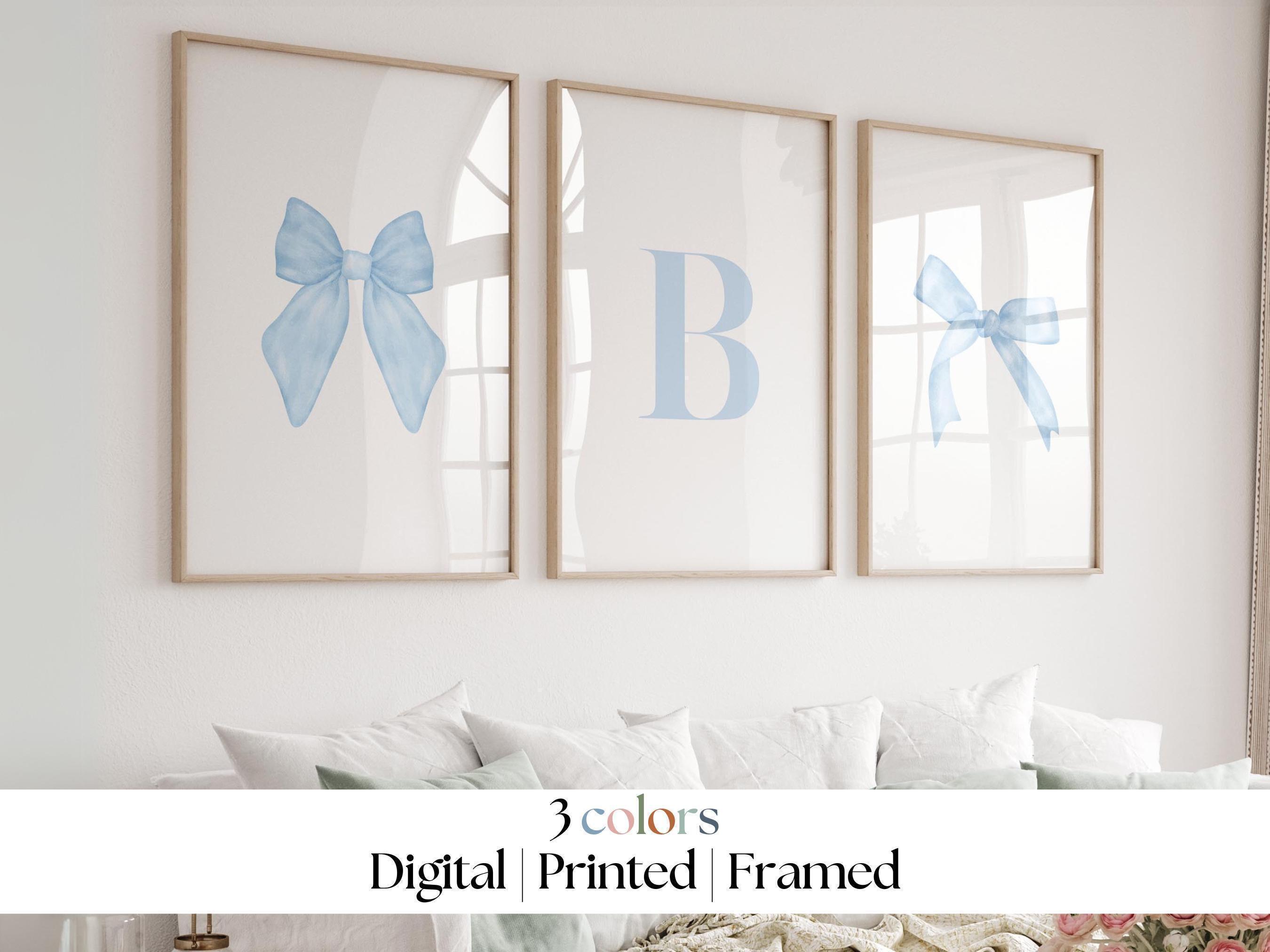 Blue bows print set of 3 Custom Initial Name Art, preppy wall art, college apartment decor girly room aesthetic, Digital, Printable, Framed