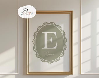 Custom Vintage Initial Print, baby girl name, Personalised initial name print, girls name sign, vintage nursery, Digital, Printable, Framed