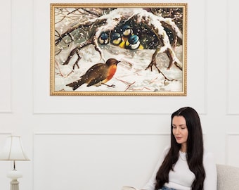 Winter Bird Decor ∙ Robin and Chickadees Blue Tits Canvas Print ∙ Ornate Gold Framed Wall Art ∙ 2395