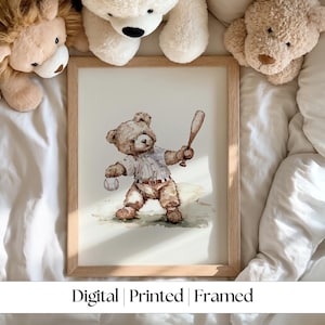 Vintage Baseball Teddy Bear Wall Art, Boy Baseball Nursery, Nursery Wallart, Sport Nursery, Vintage Boy Sport Nursery Teddy, Minimal,Gingham