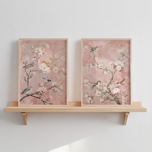 Chinoiserie Nursery Art, Pink Bird Floral Prints (Digital, Printed & Framed Options)