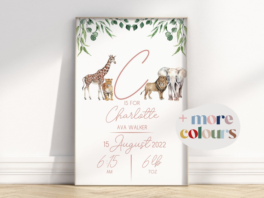 Personalised Safari Animals Baby Print, Nursery Poster, Birth and ...